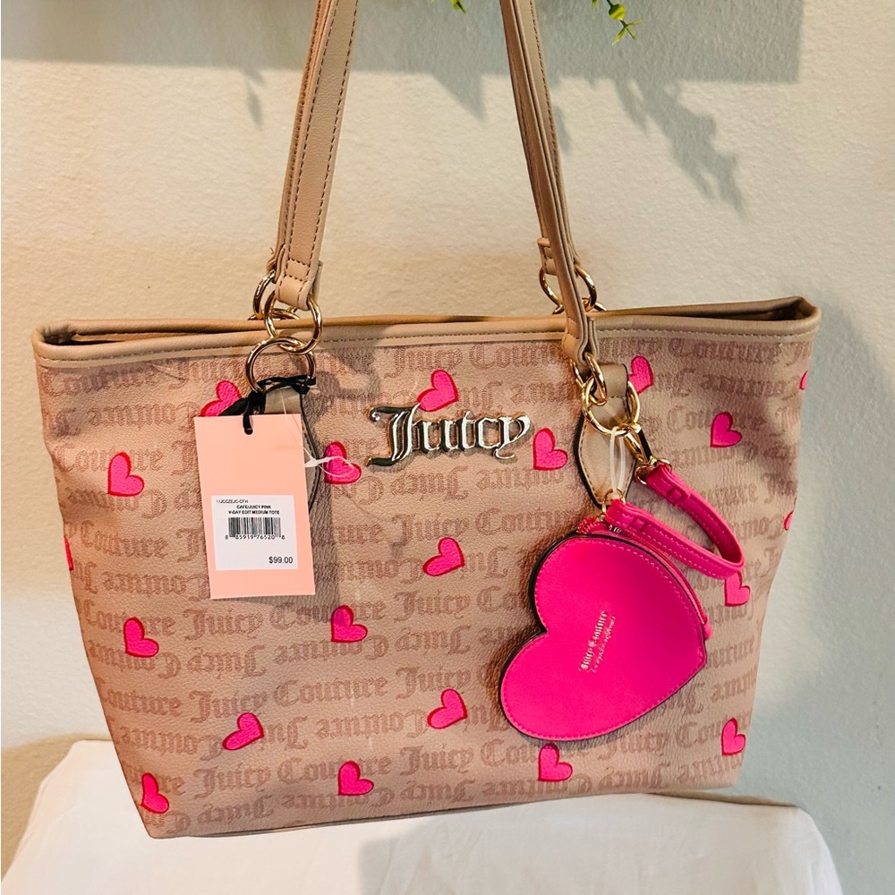 Juicy Couture Tan and Pink Heart Tote Bag